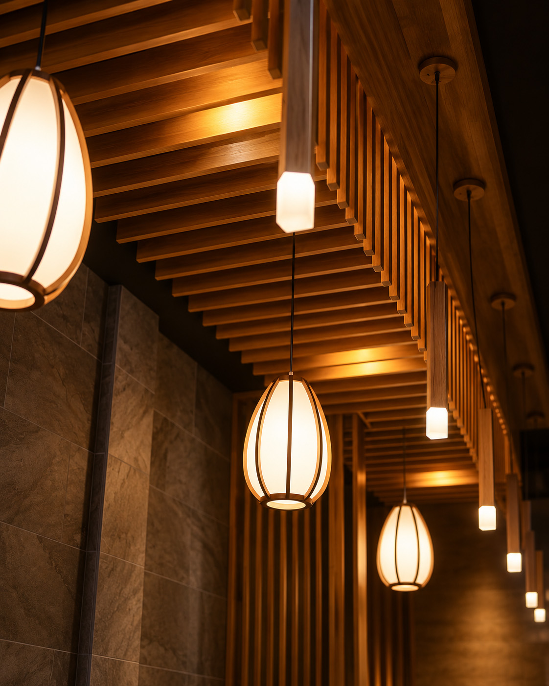 Plafond en bois et suspensions lumineuses du restaurant Sushi Design